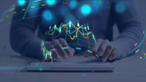 animation of financial data processing over biracial man using computer