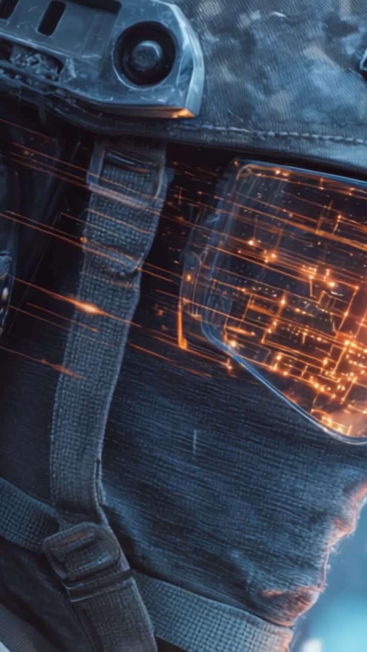A close-up of a futuristic armored helmet displaying intricate technological circuitry, featuring glowing elements and motion blur effects, emphasizing advanced combat readiness