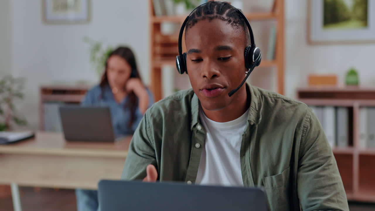 Black man, call center and laptop with headset
