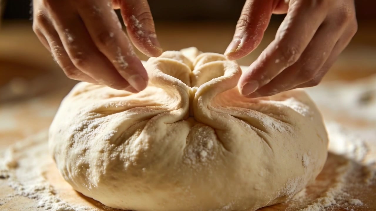 Reaching baker's flour-dusted hands pinching and sealing round dough on wooden board, shaping loaf