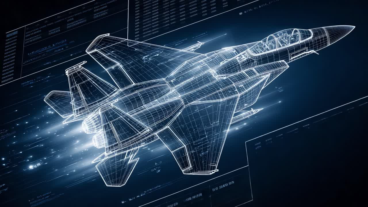 Highly Detailed Wireframe Rendering of a Modern Combat Jet with Advanced Aerodynamics and Visual Effects Illustrating Speed and Precision