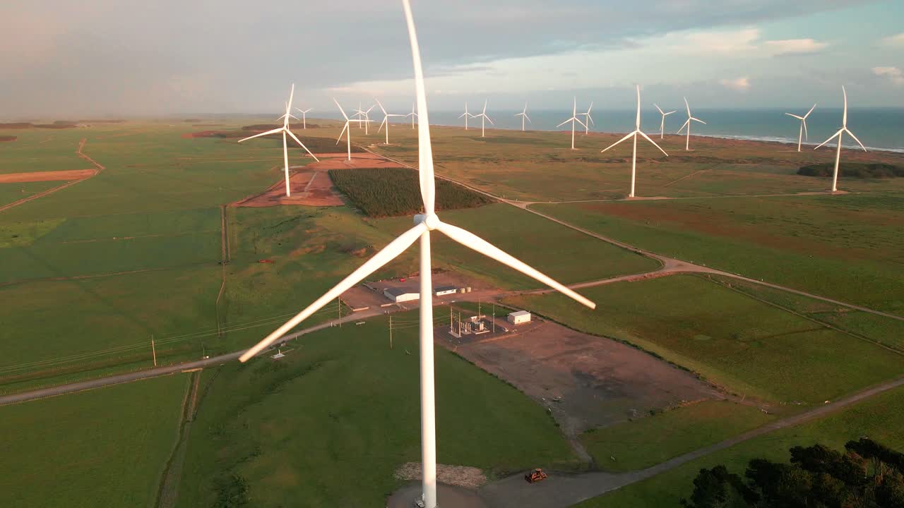 Waverly windfarm at sunset in New Zealand