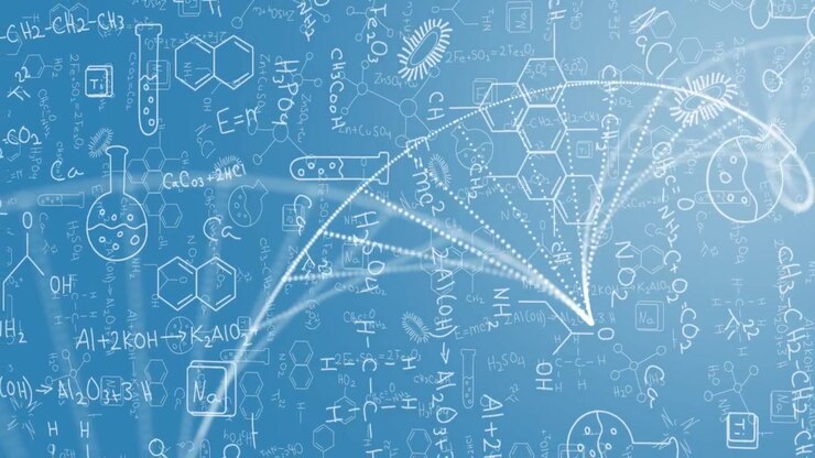 Particules émergeant, dérivant et s'agglomérant, notes à la craie et arcs pointillés formant une hélice, affichant des données de laboratoire.
