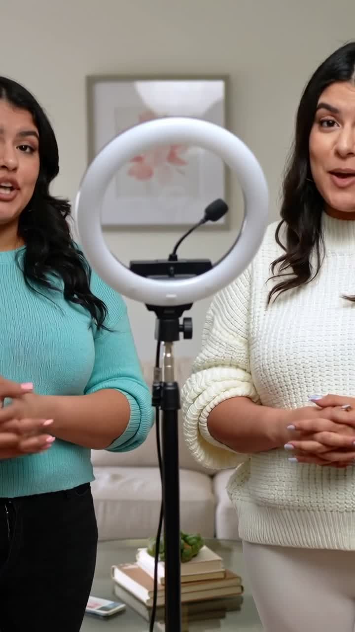 Video verticale: Due conduttori che parlano e gesticolano a casa davanti alla telecamera con microfono ad anello LED, indossando maglie color verde acqua e crema.