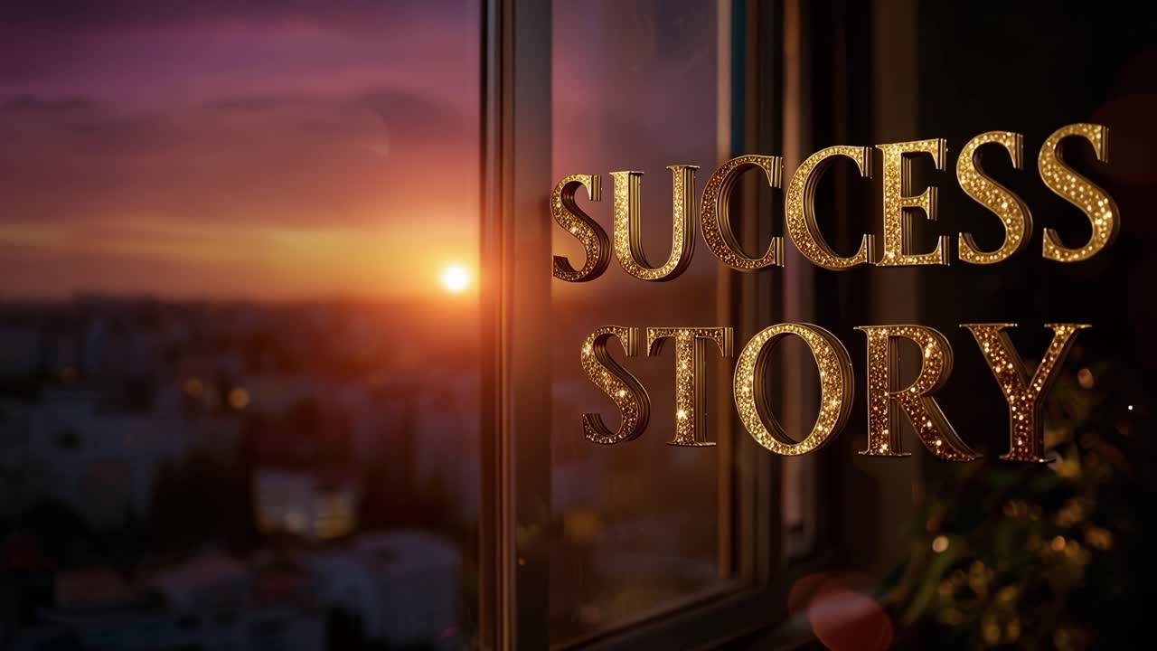 Golden letters shine beside a city sunset. Sunlight glows through a window frame. Distant buildings glow in twilight. Urban skyline fades into warm hues. Success story phrase feels inspiring