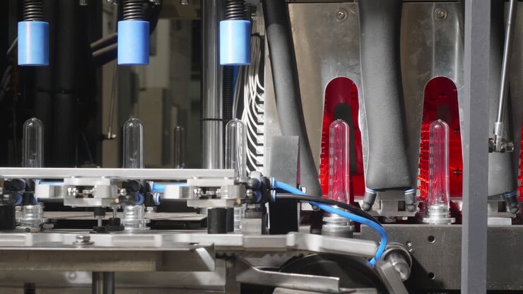 Transparent PET plastic preforms are being turned upside down and move along the stages of production process