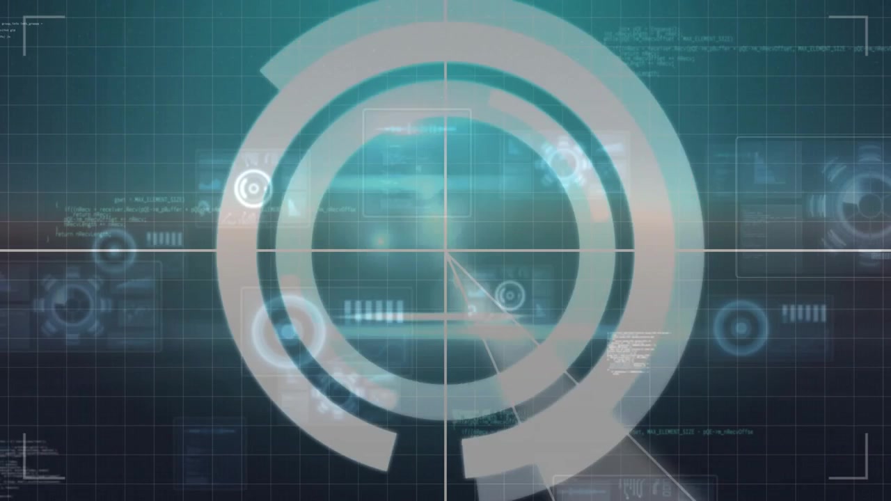 Vertical video: Starting HUD rings rotating with crosshair, beam sweeping on teal grid for scan
