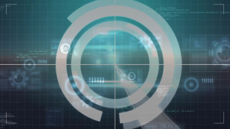 Vertical video: Starting HUD rings rotating with crosshair, beam sweeping on teal grid for scan