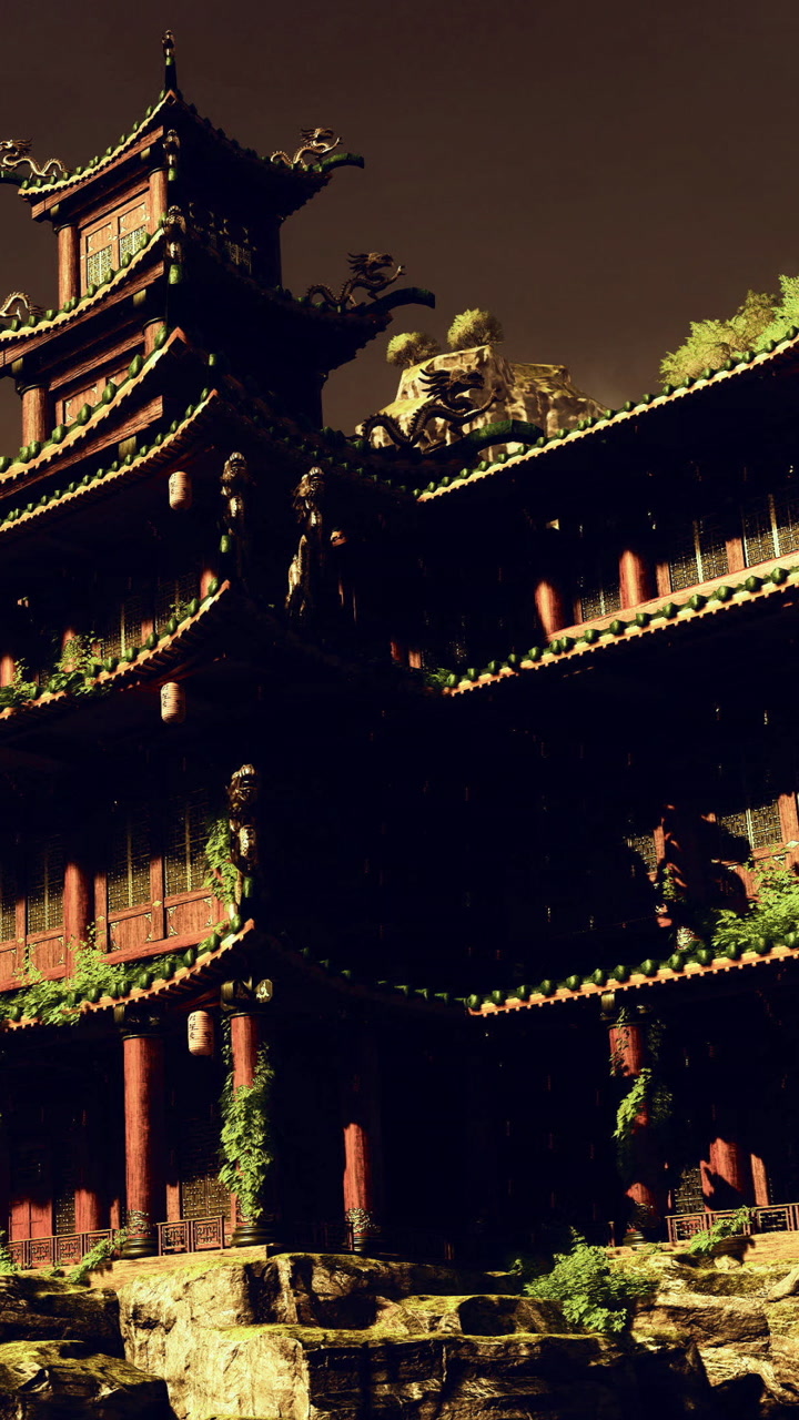 Majestic ancient pagoda surrounded by lush greenery at sunset