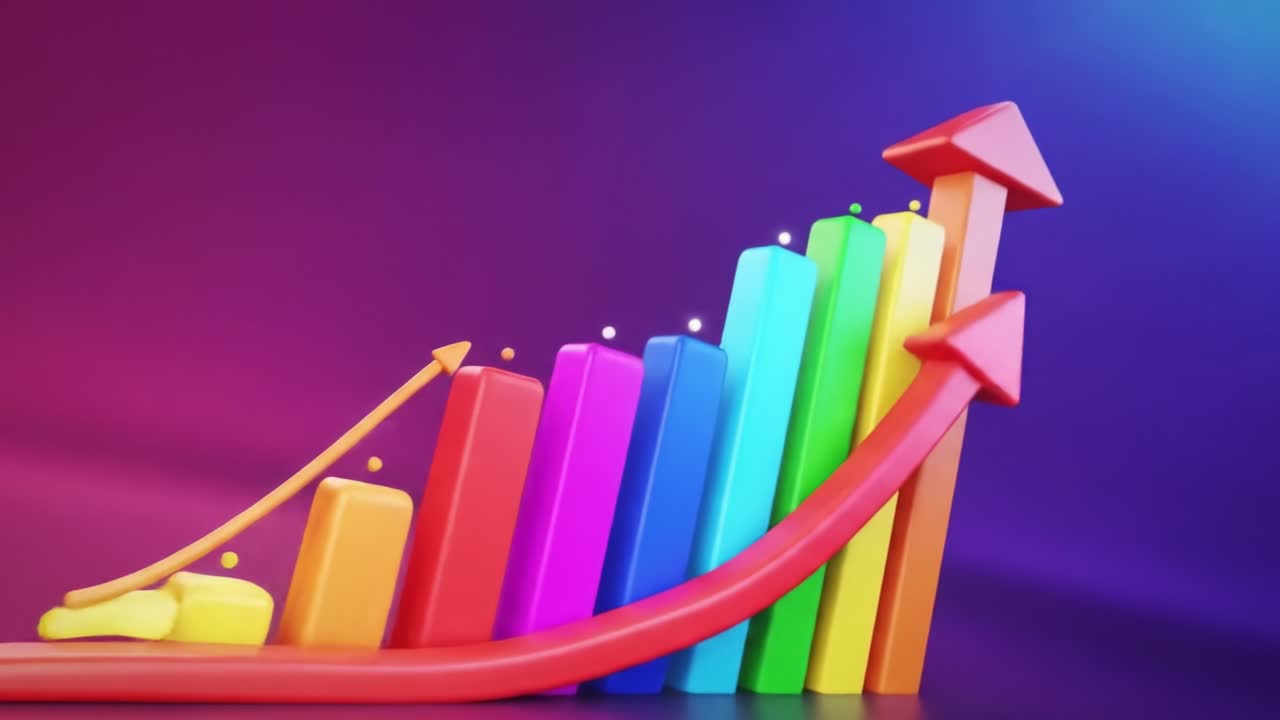 An animated representation of a colorful bar graph showcases various data trends. The dynamic movement of bars highlights changes over time in a visually appealing way.