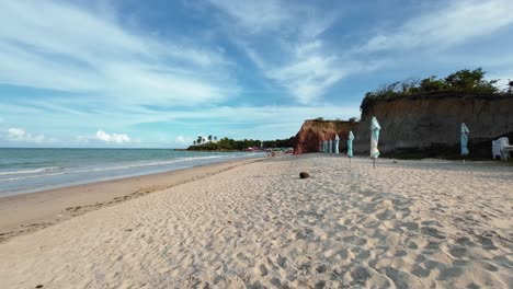 Handheld-action-camera-shot-of-the-tropical-popular-destination-Love-Beach-with-golden-sand,-cliffs,-turquoise-water,-and-beach-umbrellas-in-the-beautiful-Conde,-Paraiba,-Brazil-on-a-summer-day