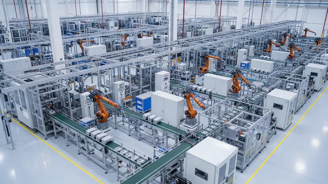 Aerial View of a State-of-the-Art Robotic Automation Facility Featuring Advanced Mechanical Systems and Efficient Production Lines in Action