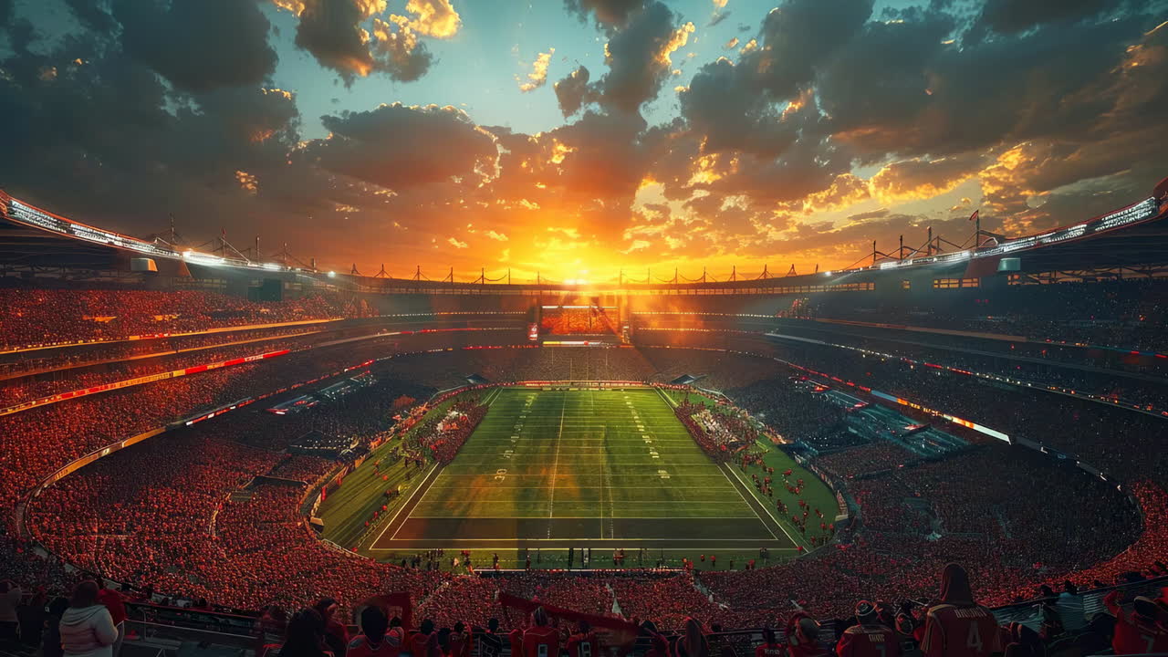 Vibrant sunset at the stadium. Fans cheer passionately as the sun sets over a bustling stadium filled with vibrant energy and anticipation