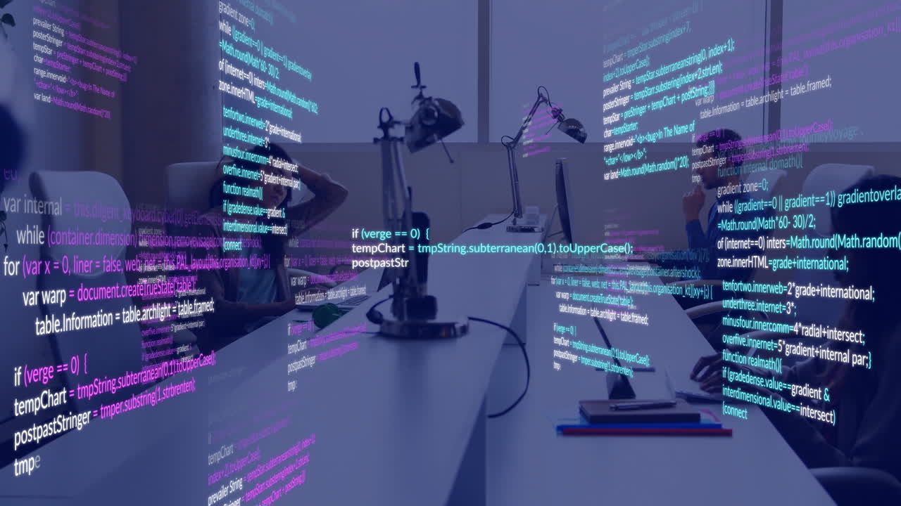 Animation of data processing over diverse business people in office