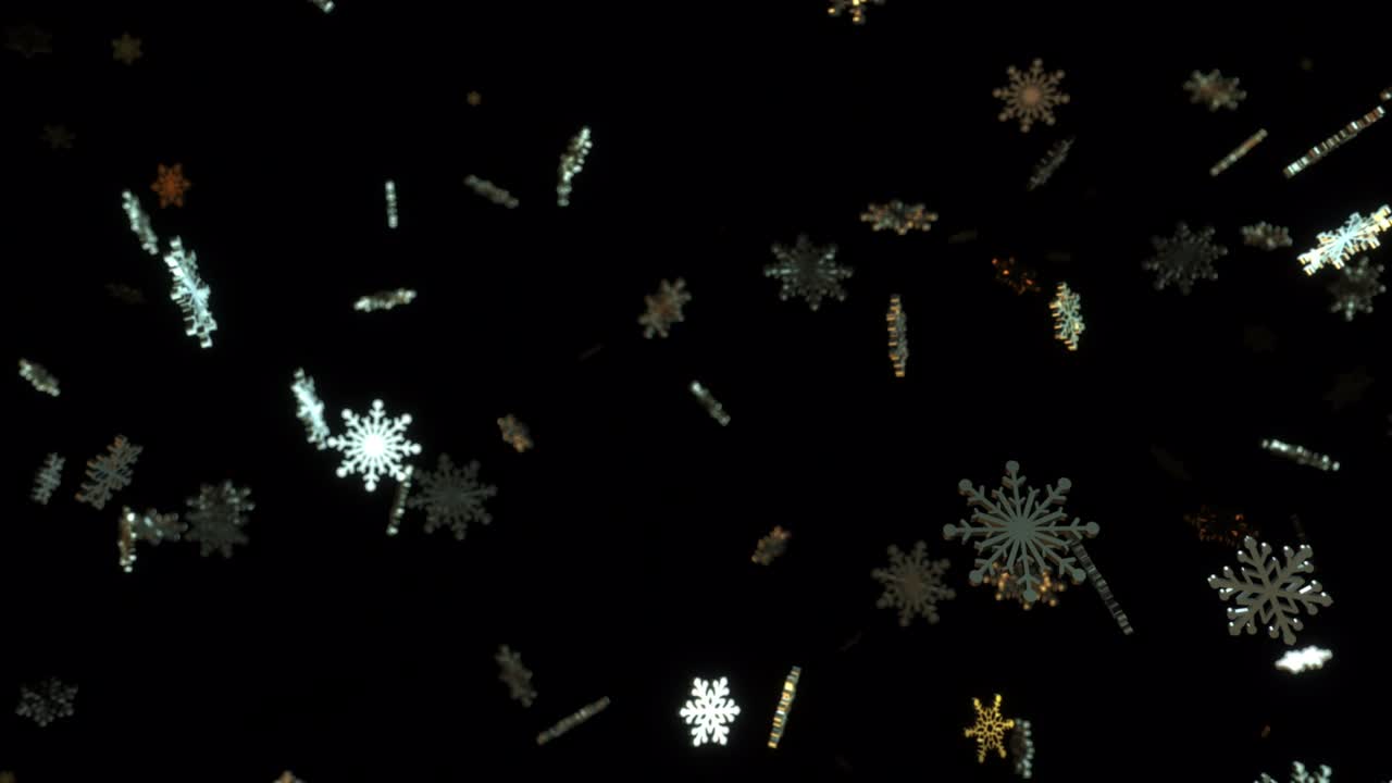 Loop med vakre, glødende gull- og sølvsnøflak som flyter fra venstre til høyre på svart bakgrunn. Abstrakt fallende snø, snøflakpartikler. 4K loop animasjonsbakgrunn. God jul, nyttår, bryllup