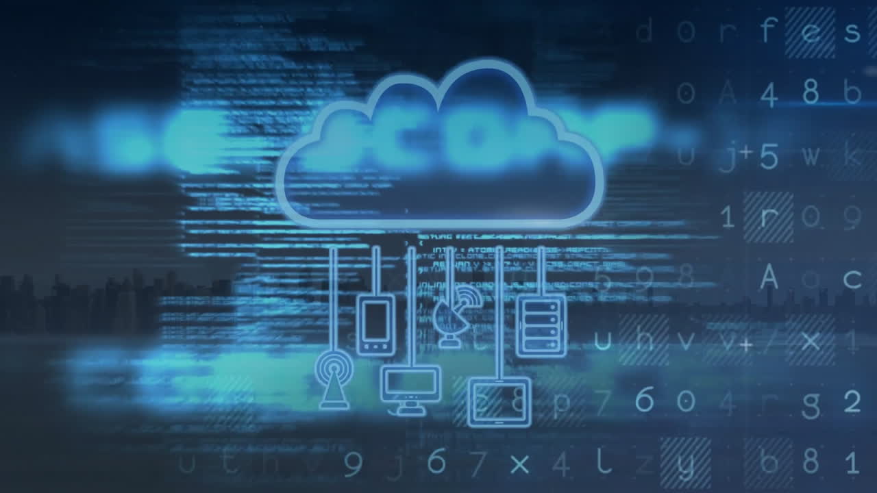 animación del lenguaje informático y la nube con iconos sobre edificios modernos