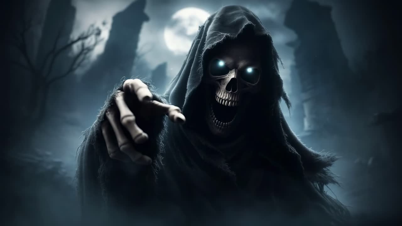 Scheletro inquietante incappucciato in un paesaggio buio e nebbioso, ripresa dal basso, perfetto per un video horror