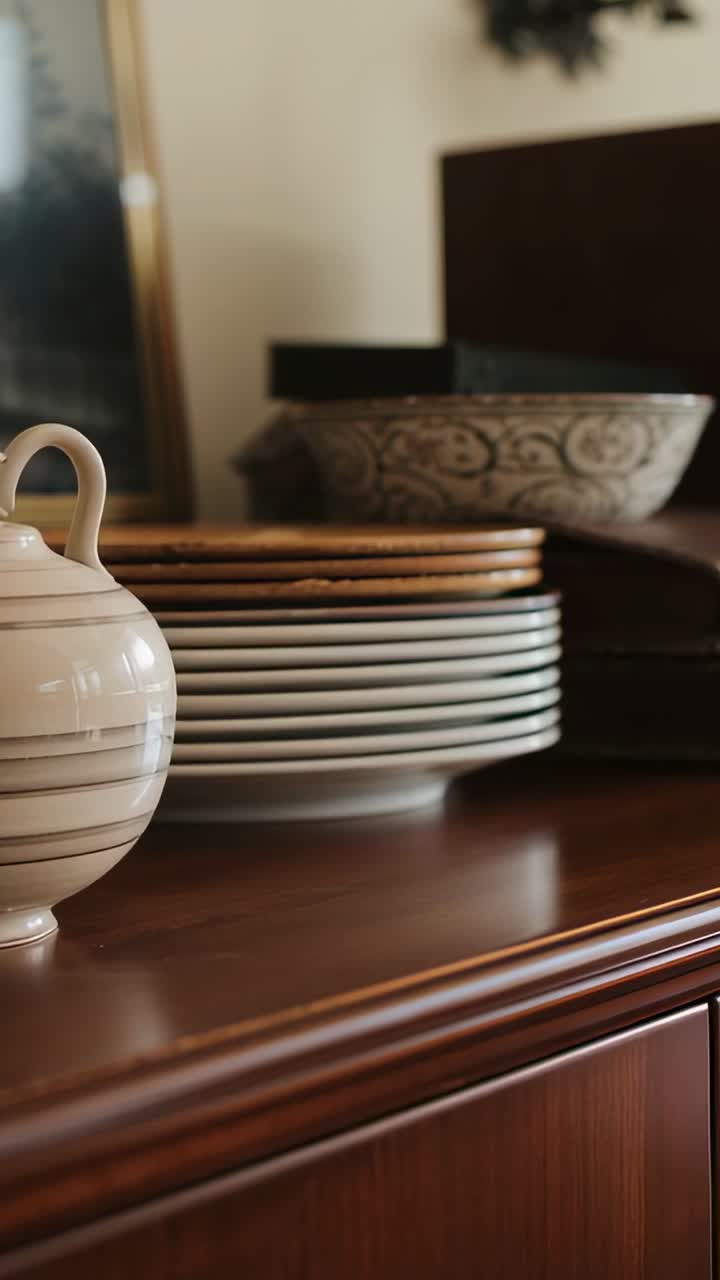 Vertical video: Dollying camera, showing striped pitcher and plates on sideboard to showcase table