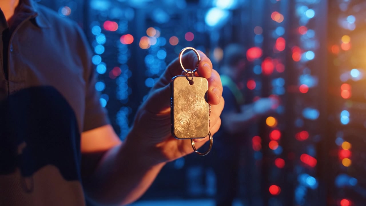 Gros plan sur une main tenant un porte-clés métallique à l'intérieur d'un centre de données faiblement éclairé, avec des lumières LED colorées illuminant l'environnement en arrière-plan.