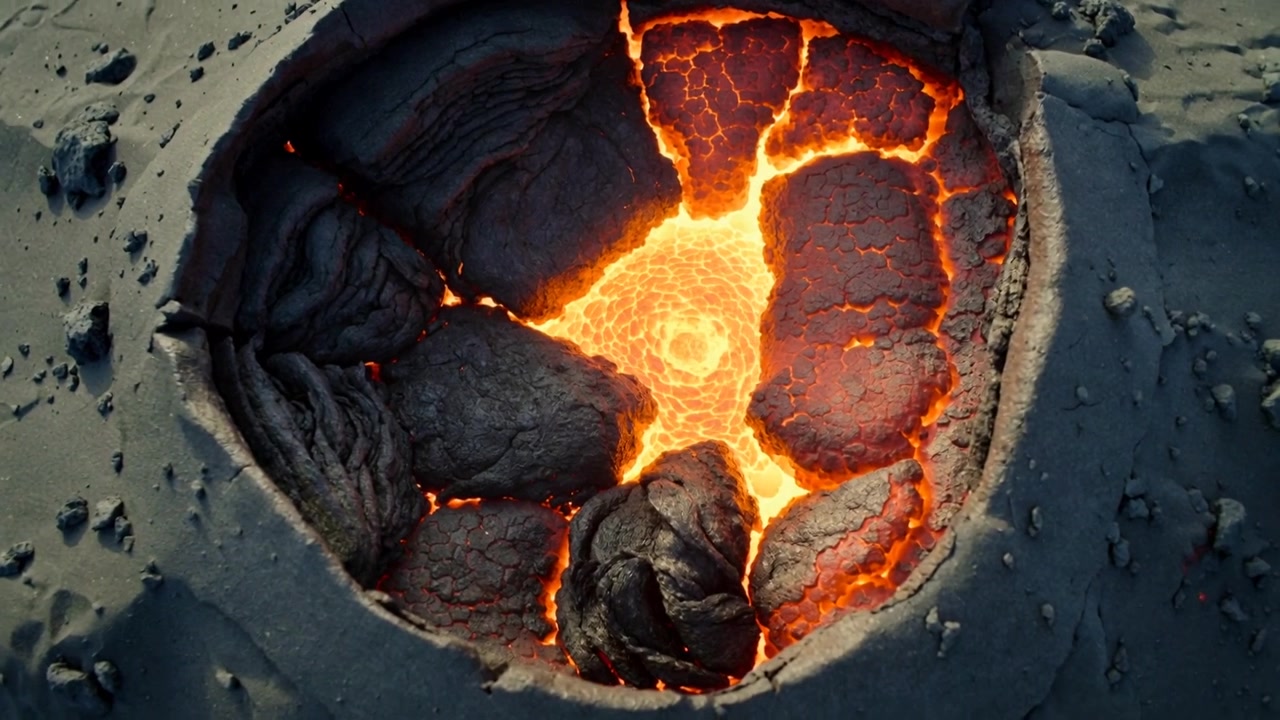 Una fossa di lava circolare che si sposta, mostrando lava fusa sotto placche crostali su un campo di lava, spinta dal magma.