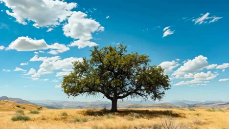 un árbol solitario en el medio de un campo de hierba bajo un cielo azul con nubes