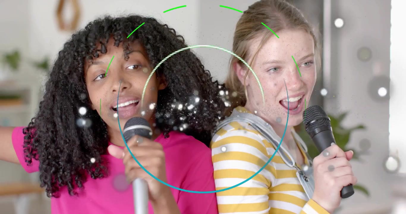 Two teen singers opening back-to-back singing into mic music-duet trading lead, HUD circling faces