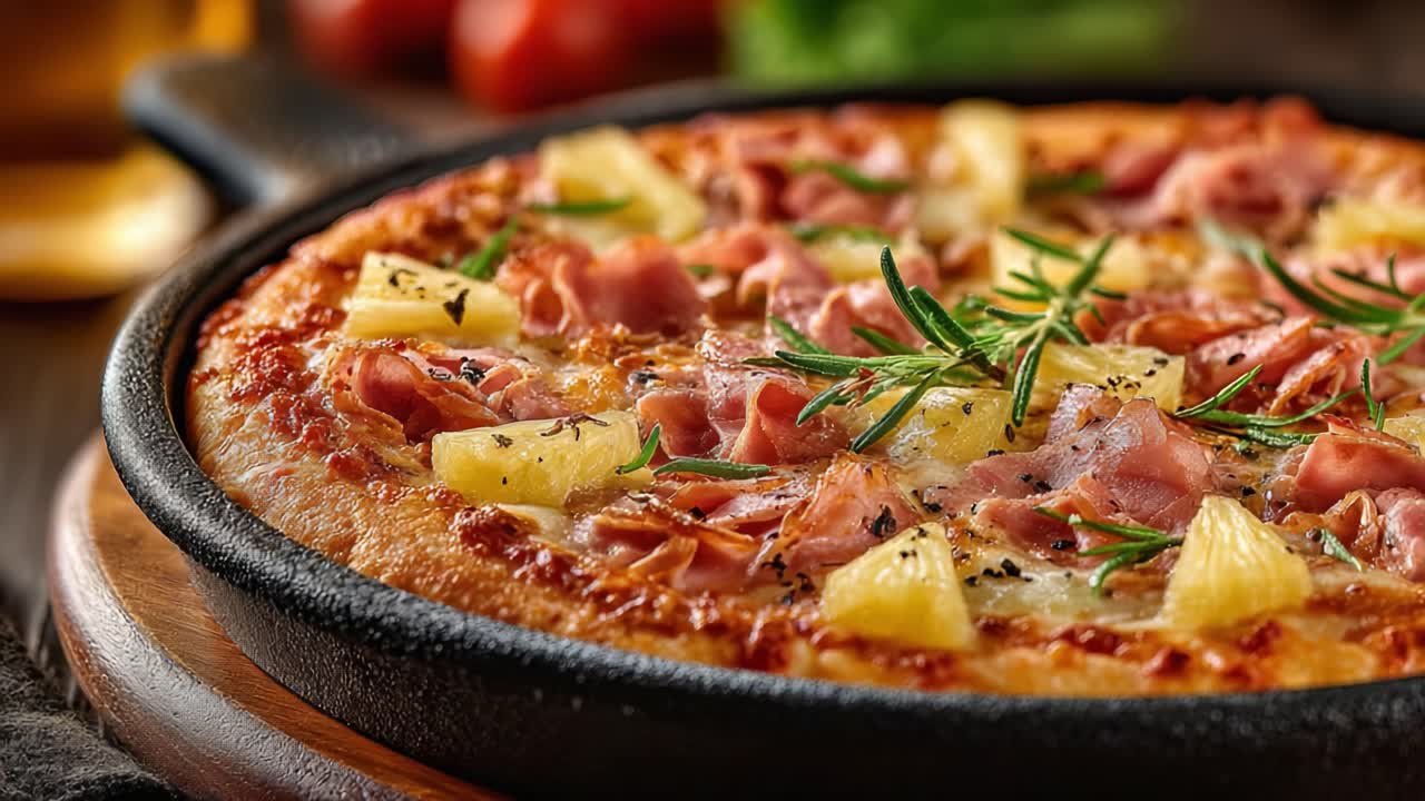 Lákavý detail čerstvě upečené pizzy s lahodnou šunkou, sladkým ananasem a aromatickým rozmarýnem, která vás zve k nádhernému kulinářskému zážitku.