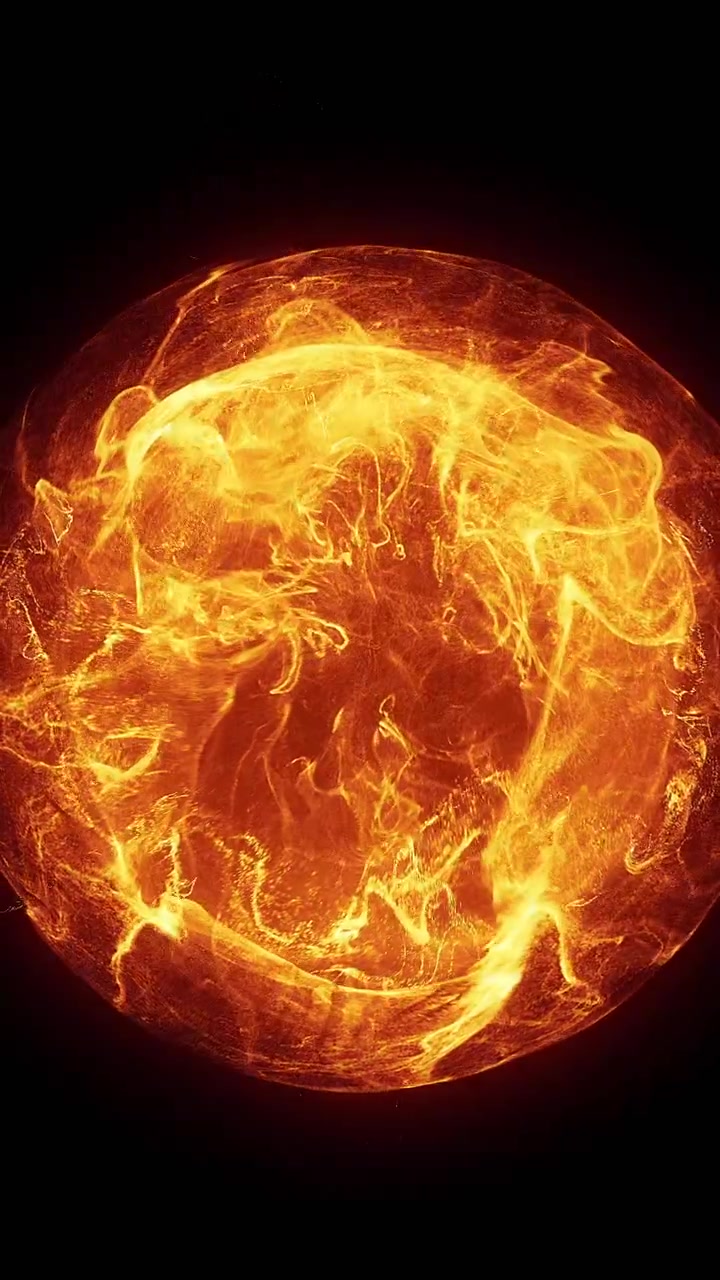 Sfera di fuoco astratta e luminosa che si espande e svanisce nell'oscurità