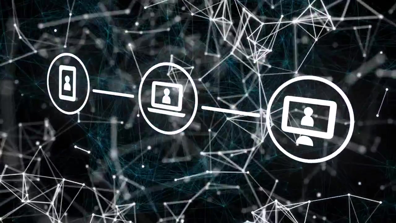 Animation of icons over network of connections on black background