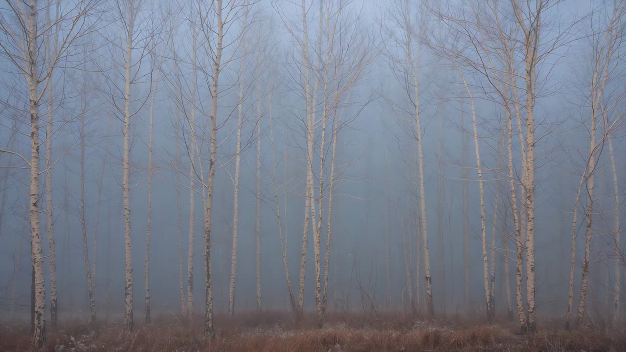 Light breeze stirring mist, centered stand of slender birch trunks remaining defined at meadow edge