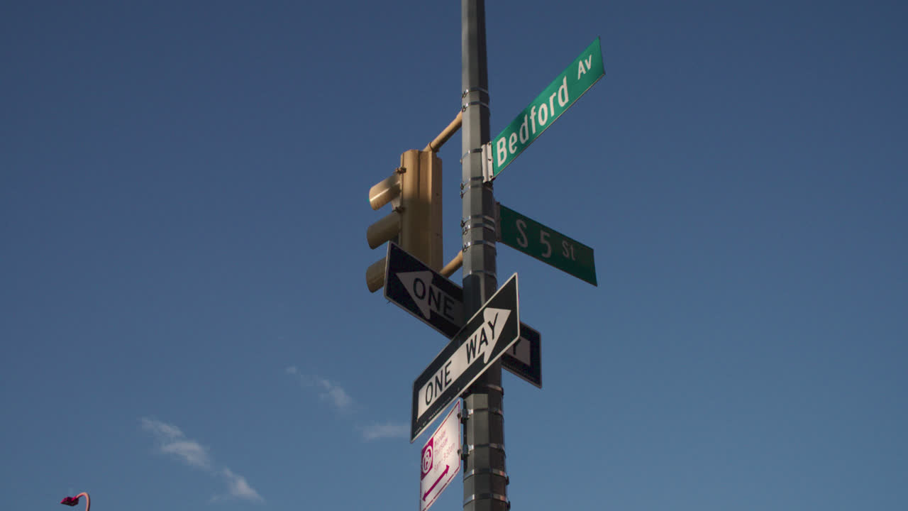 Tracking shot of a street corner in Williamsburg, Brooklyn. Shot on Bedford Avenue on an autumn morning