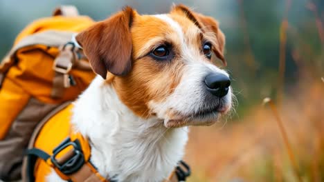 a small dog with a backpack on its back in a field