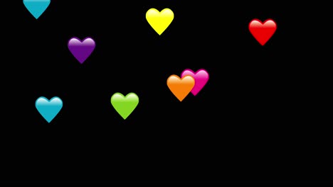 Animación-De-Corazones-Emoji-De-Todos-Los-Colores-Cayendo-Desde-Arriba,-Sobre-Un-Fondo-Negro