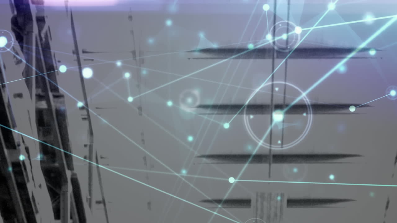 Animation of network of connections over shelves in warehouse