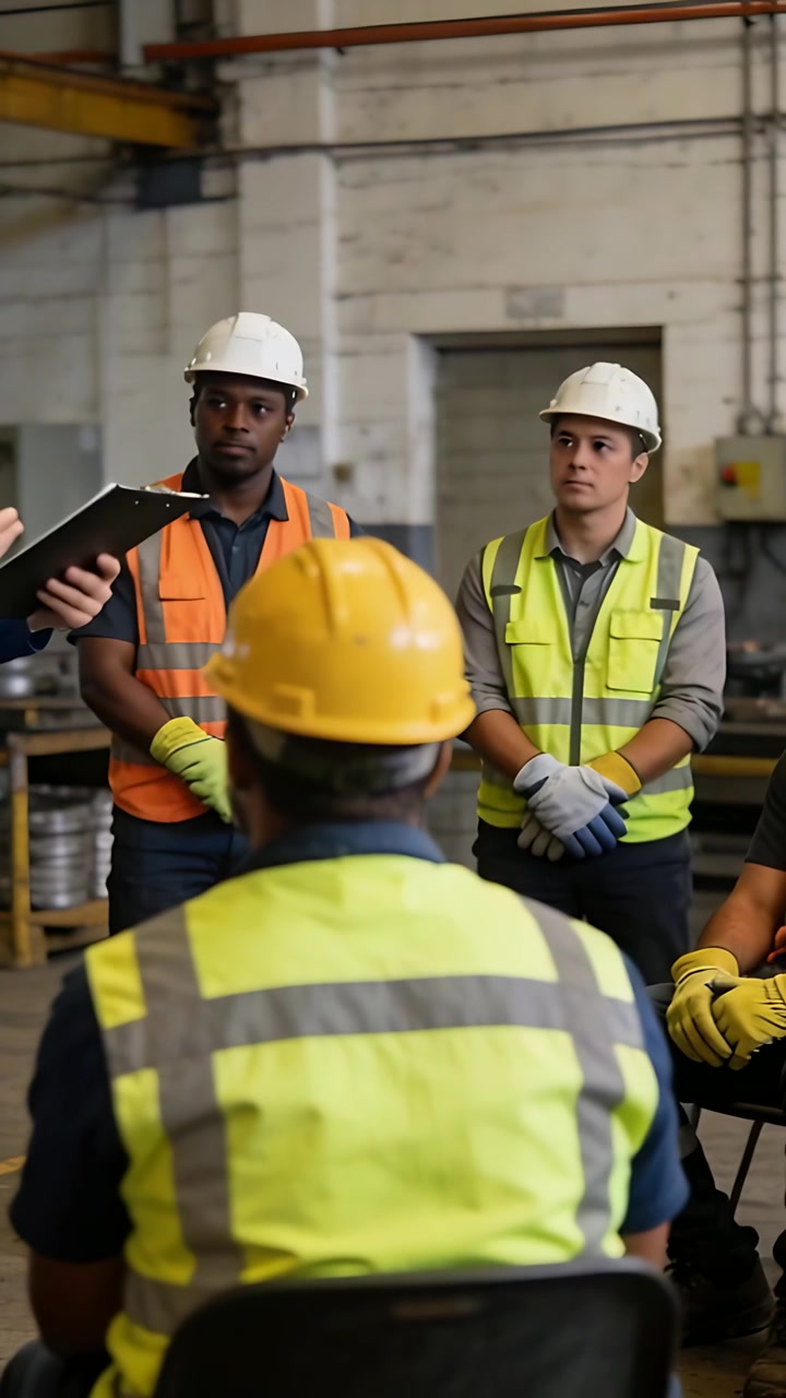 Vertical video: Holding clipboard left supervisor briefing crew in plant, with safety gear