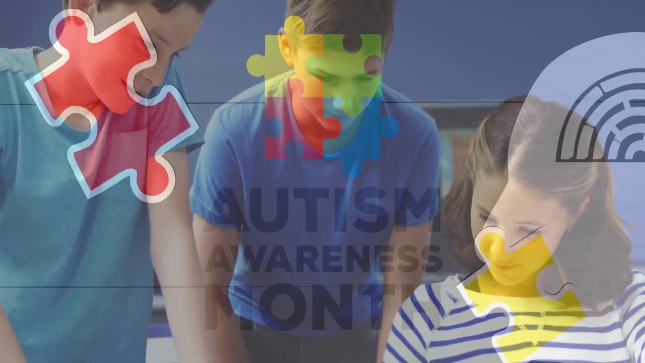 animación de rompecabezas sobre diversos escolares