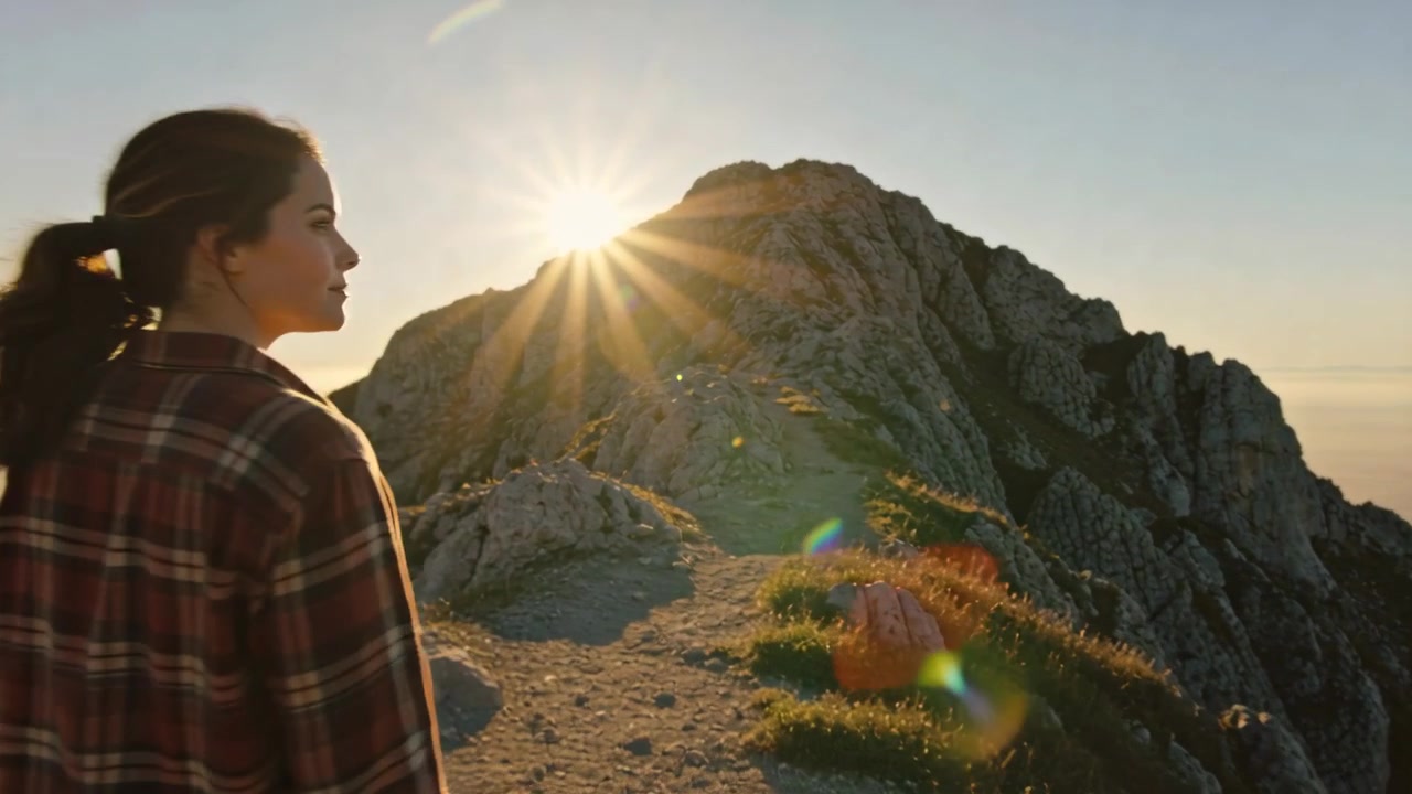 Excursionista caminando con camisa de cuadros moviéndose por una cresta estrecha, el sol alineándose detrás del pico inspirando la vista.