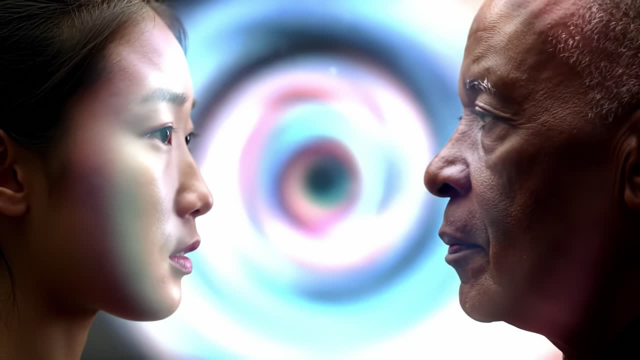 An Introspective Encounter: A Captivating Moment Between Two Individuals, Engaged in a Silent Dialogue Against a Swirling Background of Color and Light