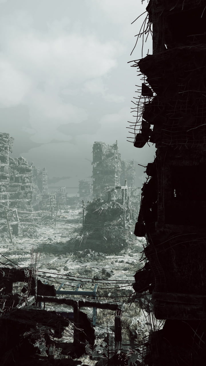 Ruined industrial scene with tangled wires and collapsed scaffolding