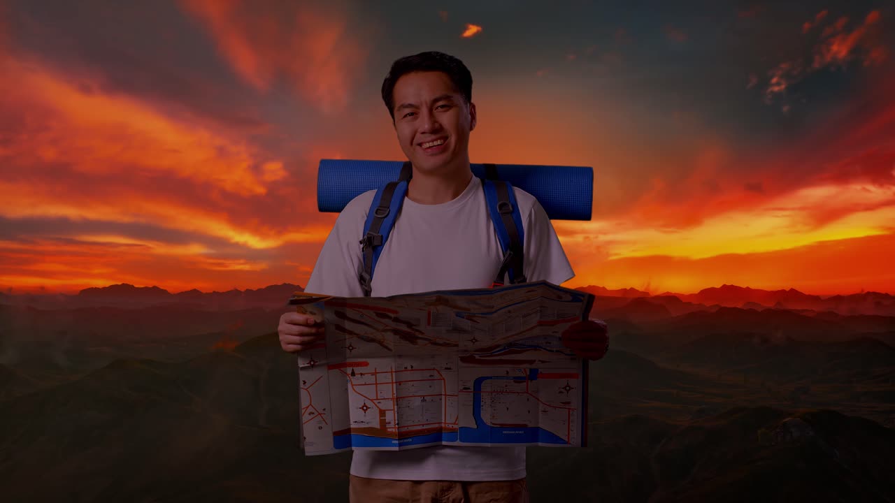 hombre con mochila y mapa al atardecer