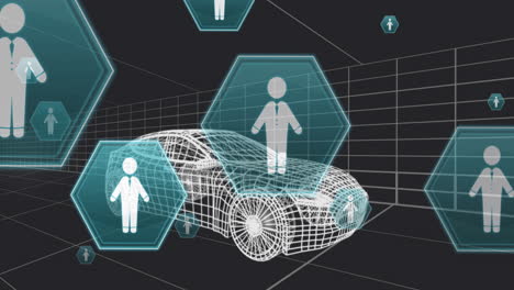 Animación-Del-ícono-Humano-En-Hexágonos-Sobre-Un-Modelo-3d-De-Automóvil-Moviéndose-Sobre-Fondo-Negro