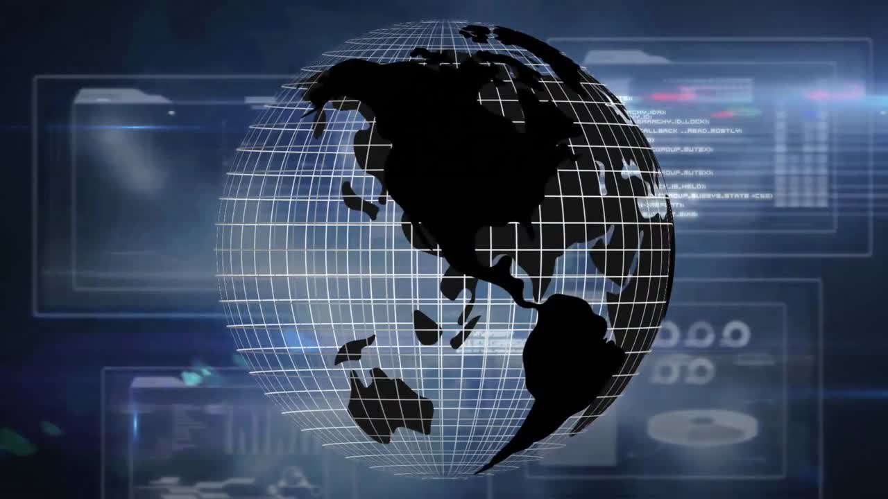 Animation of globe and data processing on screen
