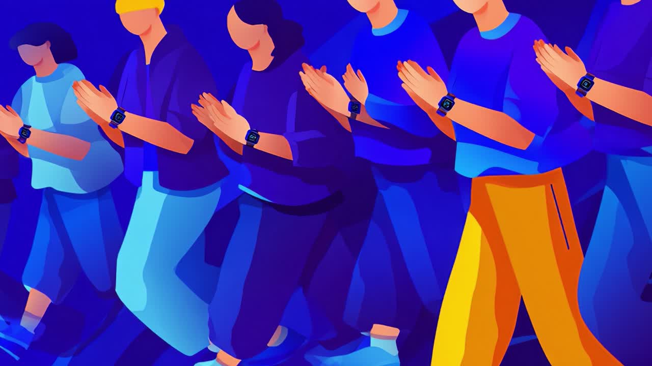 A dynamic scene depicting a group of stylized, vibrant figures in coordinated motion, showcasing enthusiasm and energy with their hands raised in applause and wearing watches