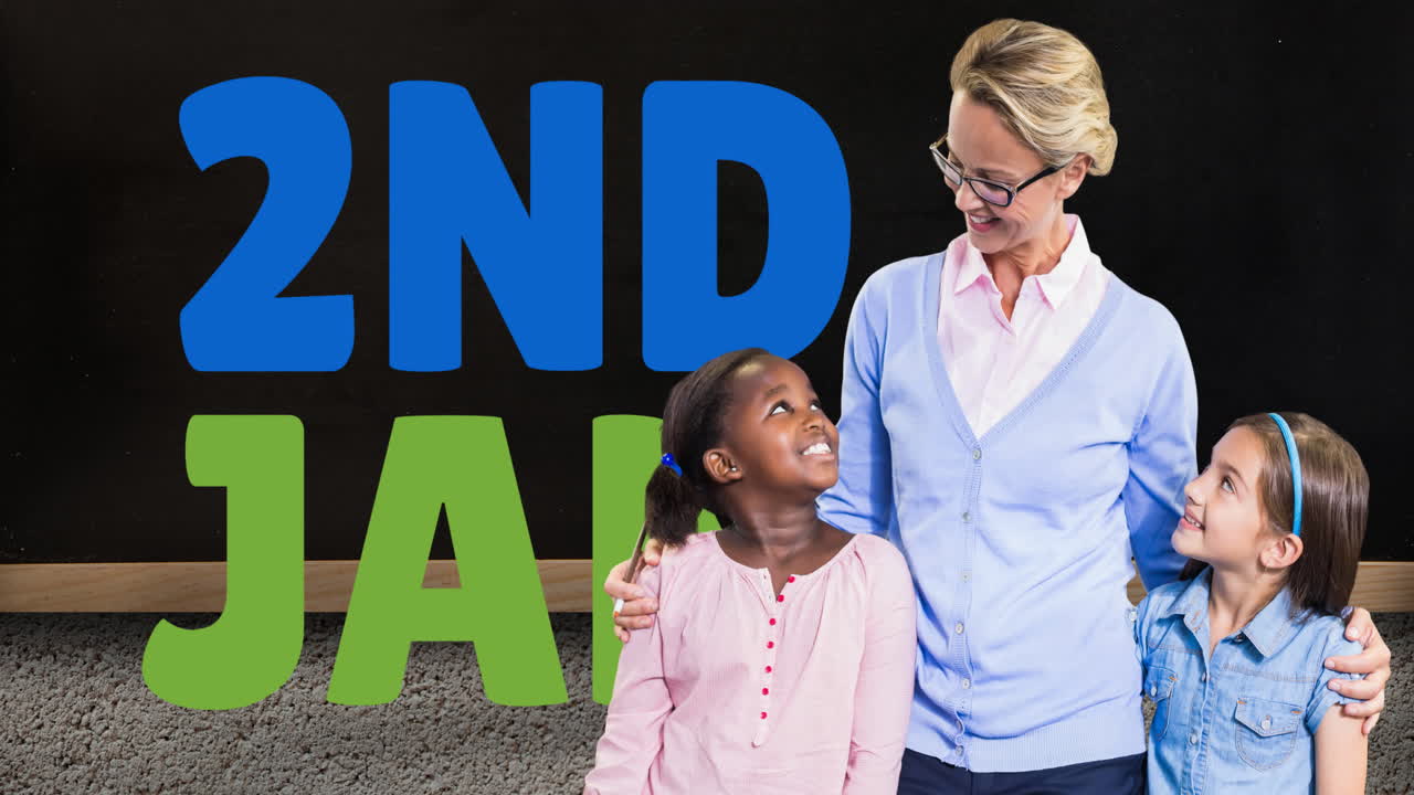 2월 2일 교실에서 행복한 여성 교사와 여학생들의 텍스트의 애니메이션