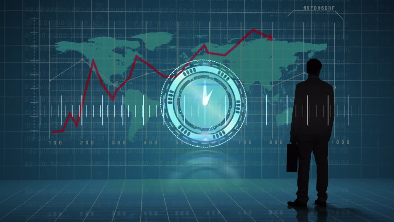 Animazione di orologio e silhouette di uomo d'affari su elaborazione dati e mappamondo