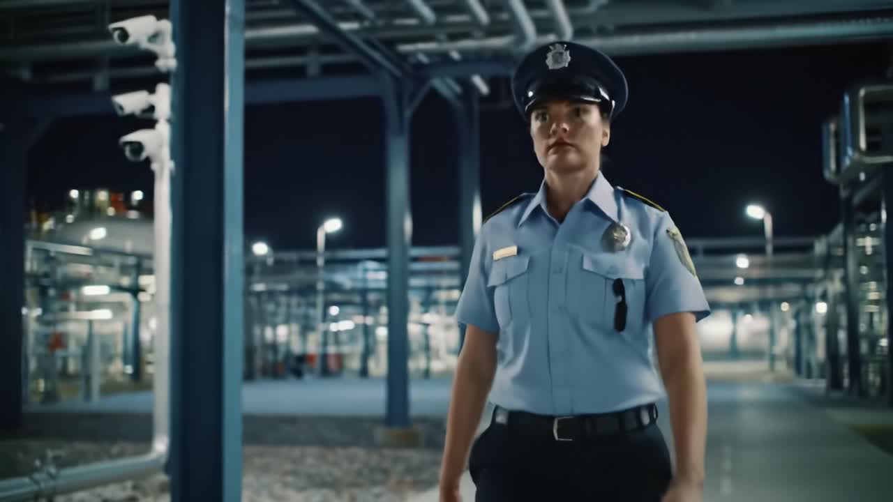A Night Patrol: A Dedicated Officer Navigates through an Industrial Facility, Ensuring Security and Safety in a High-Tech Environment