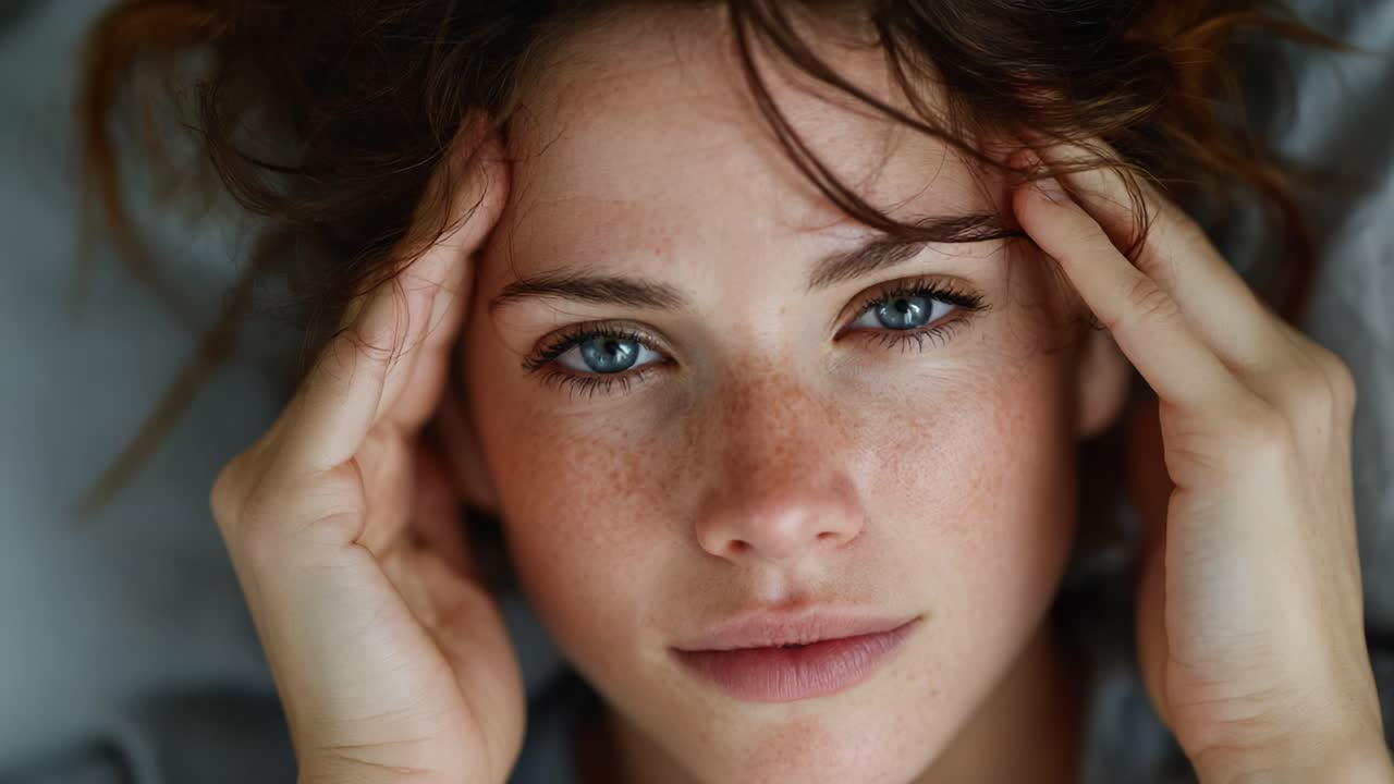 A Close-up Portrait Capturing a Young Woman's Expressive Face, Highlighting Her Freckles and Intense Blue Eyes in a Moment of Contemplation or Reflection