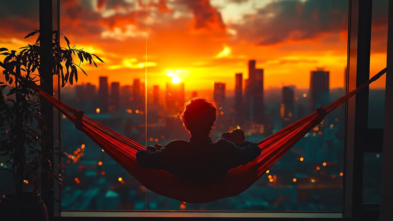 Vista do pôr do sol da cidade em rede. Uma pessoa senta-se em uma rede e observa o pôr do sol com o horizonte da cidade ao fundo.