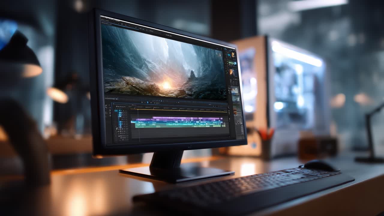 A high-resolution computer display showcasing creative video editing processes with an illuminated scene, emphasizing advanced technology and digital artistry in a modern workspace