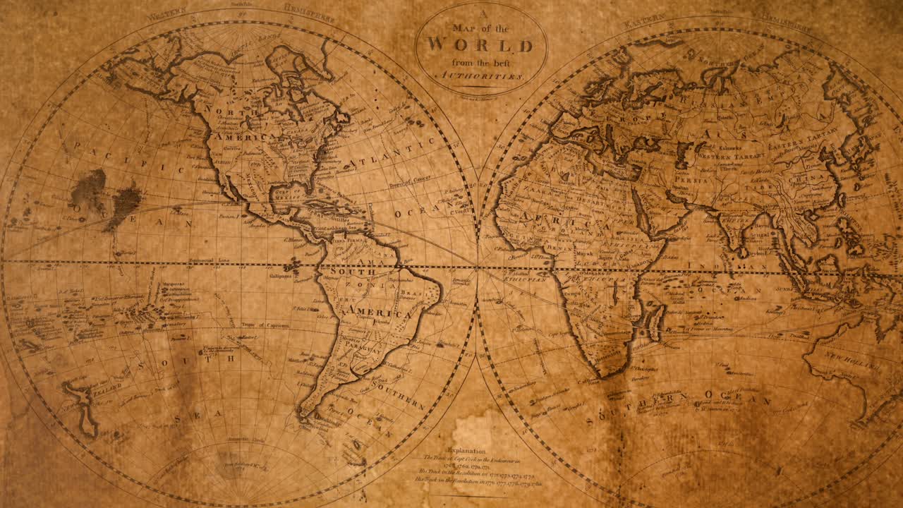 Vintage-style map showing Americas and Eurasia in sepia